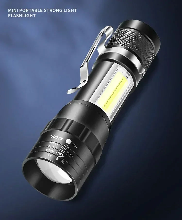 Portable Rechargeable LED Flashlight with Pen Clip Zoomable Waterproof Torch with Side Light Outdoor Camping Emergency Lantern