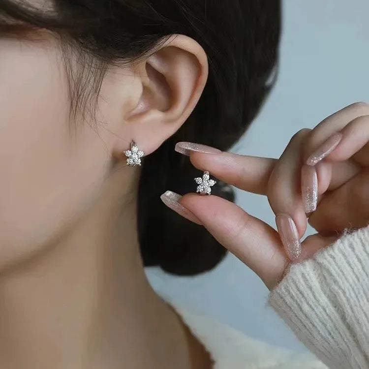 S925 Sterling Silver Charming Snowflake Pentagram Zircon Hoop Earrings for Women Fine Jewelry High Luxury Vintage Accessories