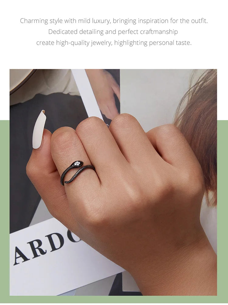 BAMOER 925 Sterling Silver Retro Textures Snake Adjustable Ring, 18K Gold Green Zircon Animal Ring Stackable Jewelry 4 Colors