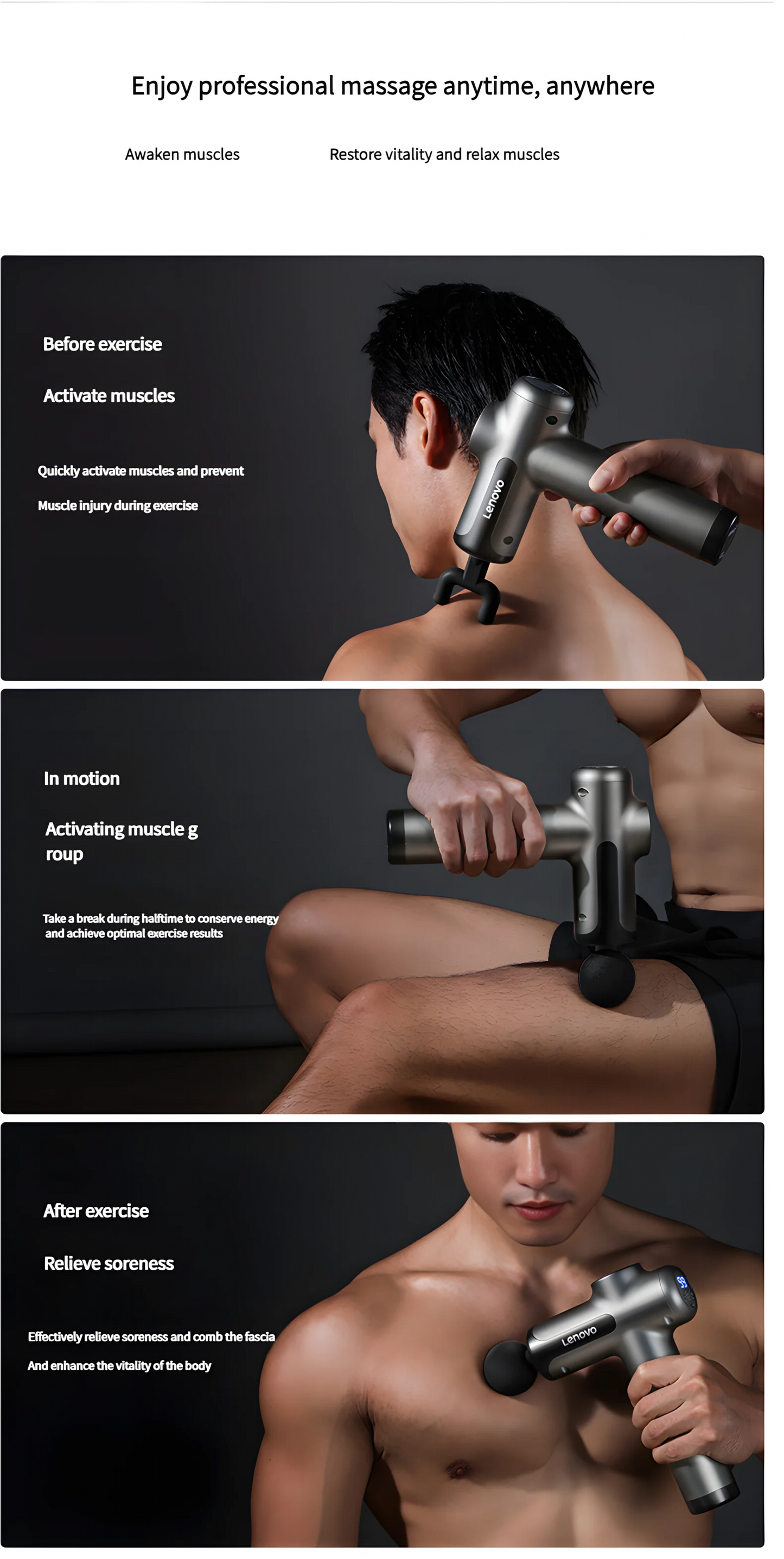 Lenovo Brand Fascia Gun Deeply Relieves Muscle Soreness Fitness and Relaxation Equipment LED Touch Screen 8Massage Head Gifts