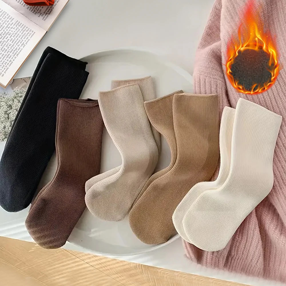 5pairs Winter Warm Solid Women Socks Thicken Thermal Socks Black Skin Seamless Snow Sock Unisex Socks