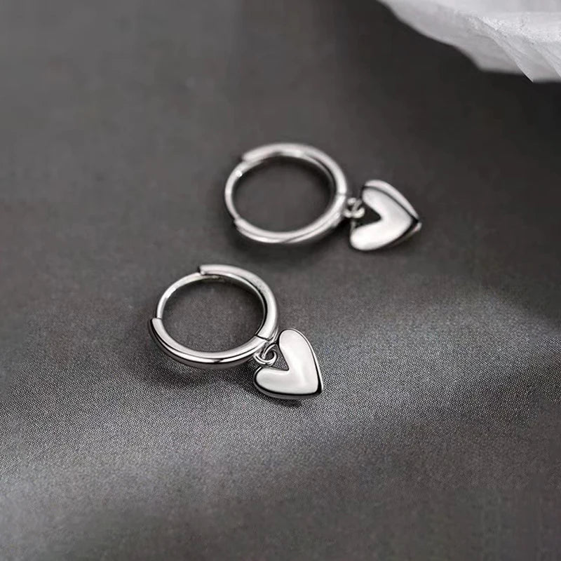Real 925 Sterling Silver Heart Pendant Hoop Earrings For Women Classic Fine Jewelry Minimalist Accessories