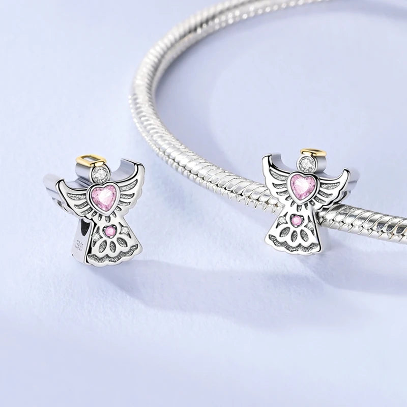925 Sterling Silver Pink Charms Beads Butterfly Perfume Bottle Crown Heart Shaped Zircon Charms for Women Fine DIY Jewelry Gifts