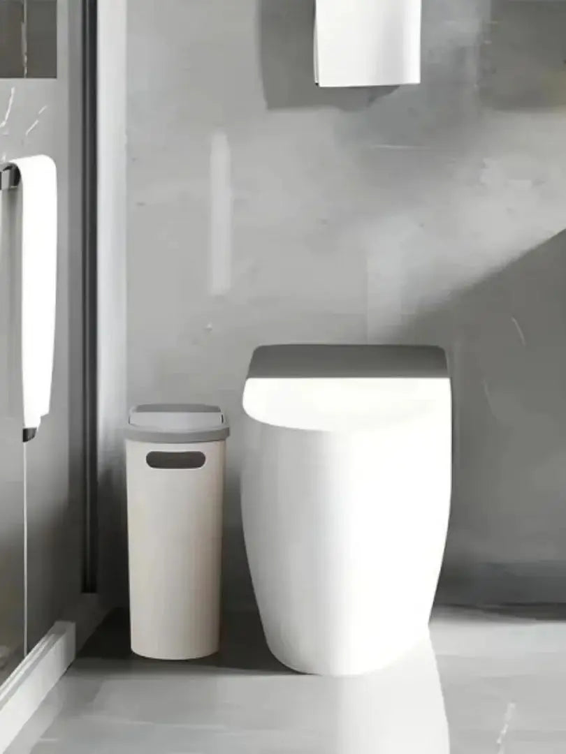 Fashionable white grey bathroom trash can with lid and handle - large capacity, press to open design, suitable for use in small