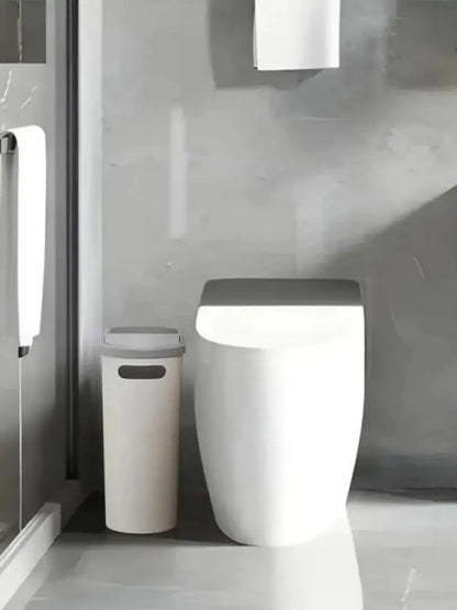 Fashionable white grey bathroom trash can with lid and handle - large capacity, press to open design, suitable for use in small