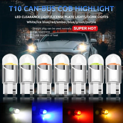 10pcs Car LED T10 W5W Canbus Glass COB Reading Dome Lamp Marker Wedge License PlateLight Bulb 168 194 192 DC 12V White
