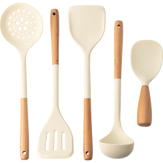 5Pcs White Silicone Wooden Handle Cooking Tool Non-stick Kitchen Utensils Silicone Spatula Baking Kitchen Utensils Tool
