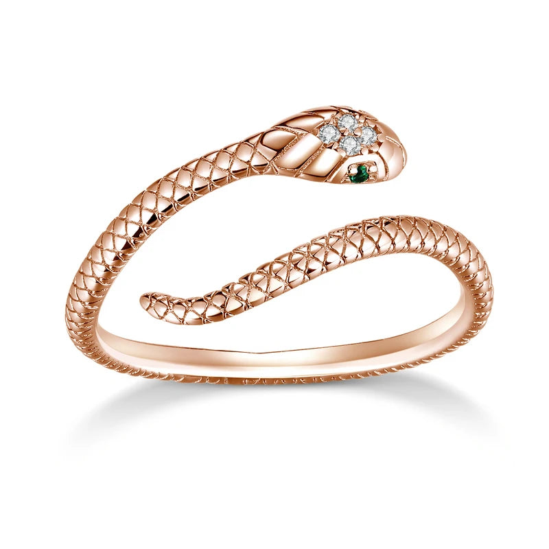 BAMOER 925 Sterling Silver Retro Textures Snake Adjustable Ring, 18K Gold Green Zircon Animal Ring Stackable Jewelry 4 Colors