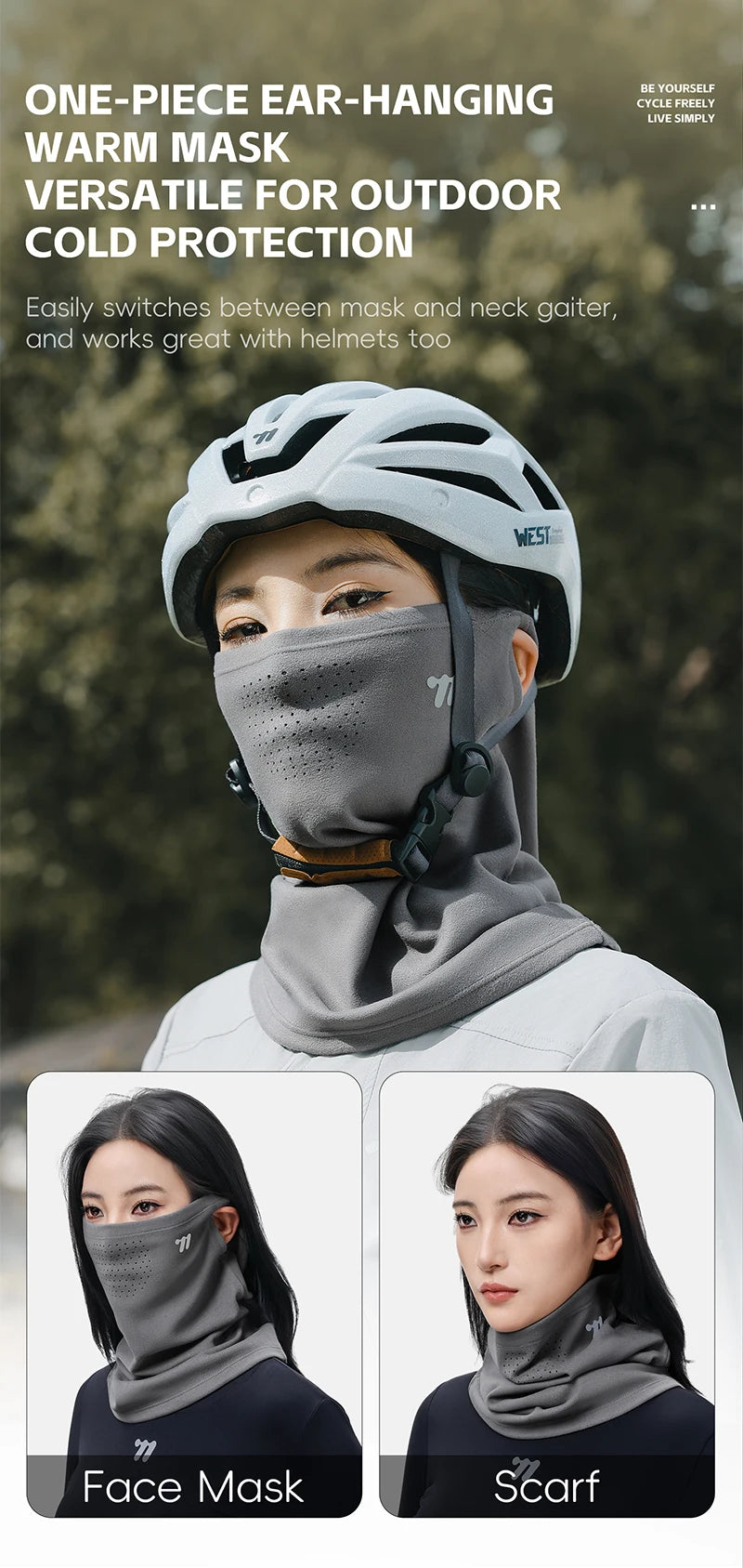 WEST BIKING Thermal Cycling Mask Winter Windproof Breathable Ear-hanging Mask Skiing Climbing Scarf Warm Balaclava Sports Gear