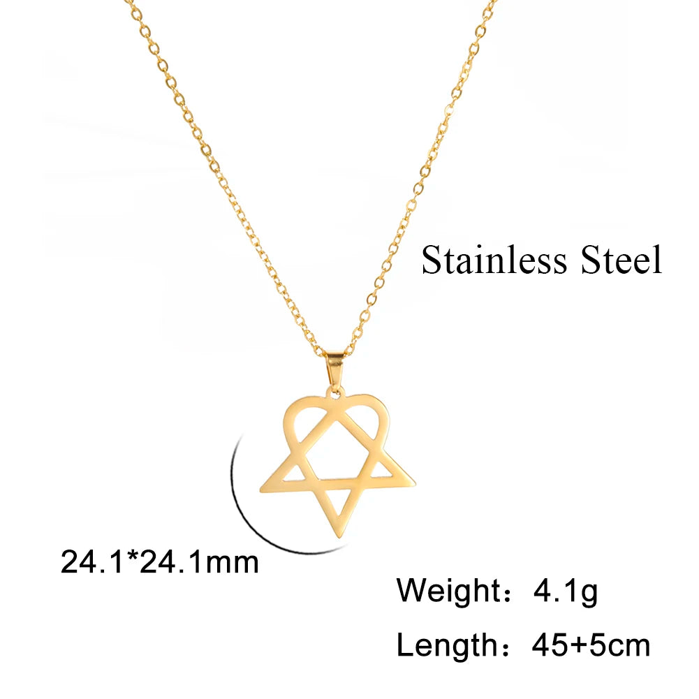 Lucktune Heartagram Star Pendant Necklace Stainless Steel Heart Pentagonal Chain Necklace Women Couple Jewelry Wedding Gift
