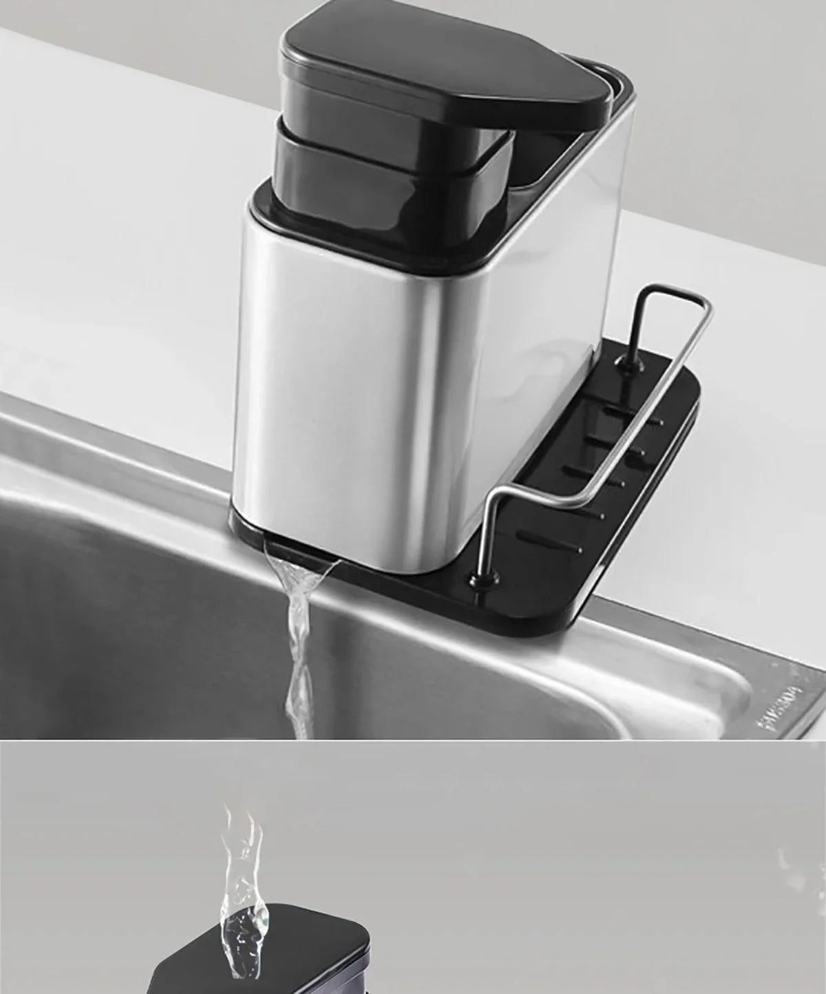 Stainless Steel Kitchen Cleaning Organizer Detergent Dispenser & Sponge Holder Easy to Clean Compact size Fits the sink 3-in-1