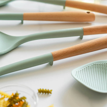 5Pcs White Silicone Wooden Handle Cooking Tool Non-stick Kitchen Utensils Silicone Spatula Baking Kitchen Utensils Tool