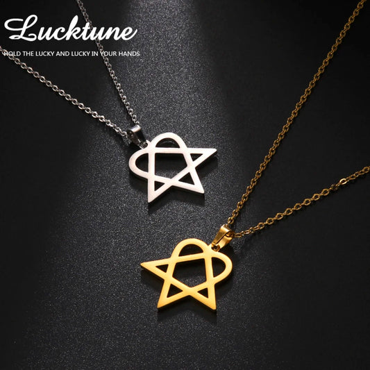 Lucktune Heartagram Star Pendant Necklace Stainless Steel Heart Pentagonal Chain Necklace Women Couple Jewelry Wedding Gift