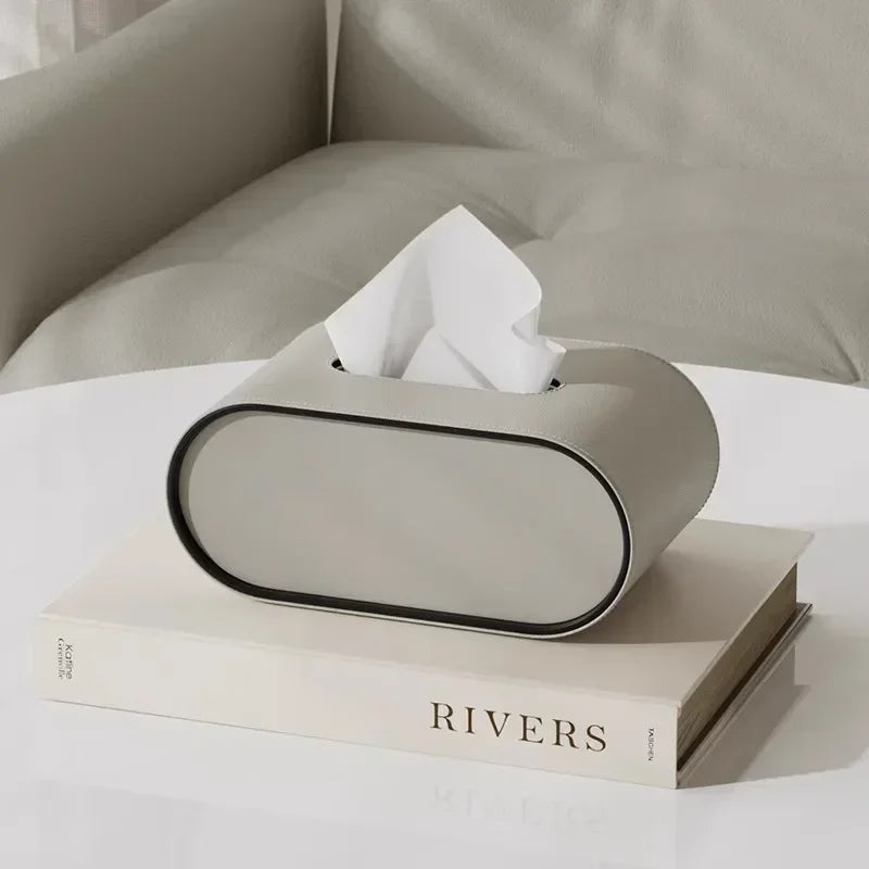 Light Luxury Paper Box High-end Living Room Creative Oval Leather Tissue Box Bedroom Desktop Napkin Storage Box Organization