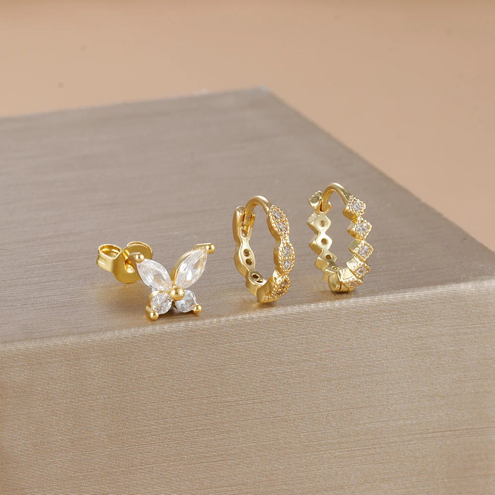 3PCS Gold Plated Zircon Butterfly Hoop Earring Set Women Shiny Crystal Stackable Cartilage Piercing Earring Hypoallergen Jewelry