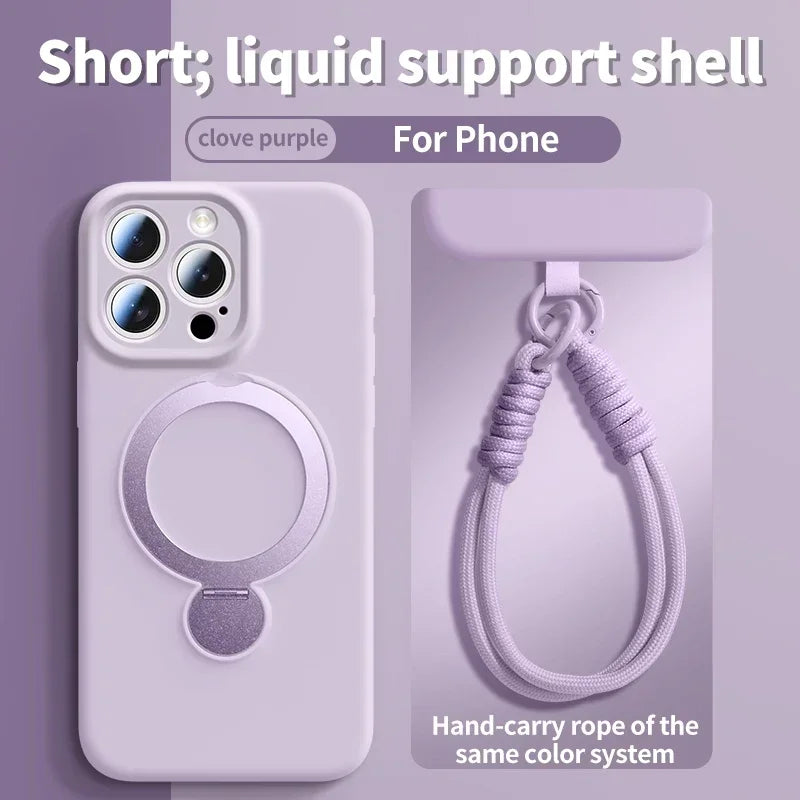 Liquid Silicone Bracket Magnetic Case For iPhone 17 16 15 14 13 Pro Max Air Magsafe With Hanging Rope Anti Fall Protective Cover
