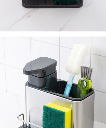 Stainless Steel Kitchen Cleaning Organizer Detergent Dispenser & Sponge Holder Easy to Clean Compact size Fits the sink 3-in-1