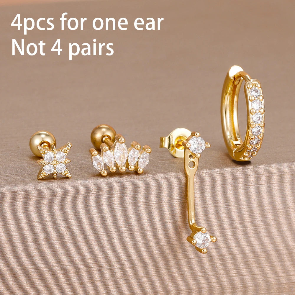 4PCS Zircon Star Moon Flower Small Hoop Earrings Set For Women Stainless Steel Huggies Pendant Piercing Earrings Jewelry Aretes