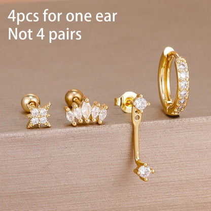 4PCS Zircon Star Moon Flower Small Hoop Earrings Set For Women Stainless Steel Huggies Pendant Piercing Earrings Jewelry Aretes