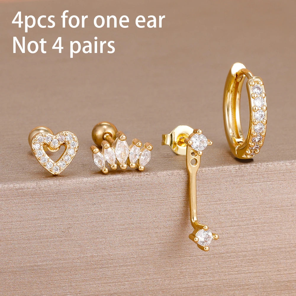 4PCS Zircon Star Moon Flower Small Hoop Earrings Set For Women Stainless Steel Huggies Pendant Piercing Earrings Jewelry Aretes