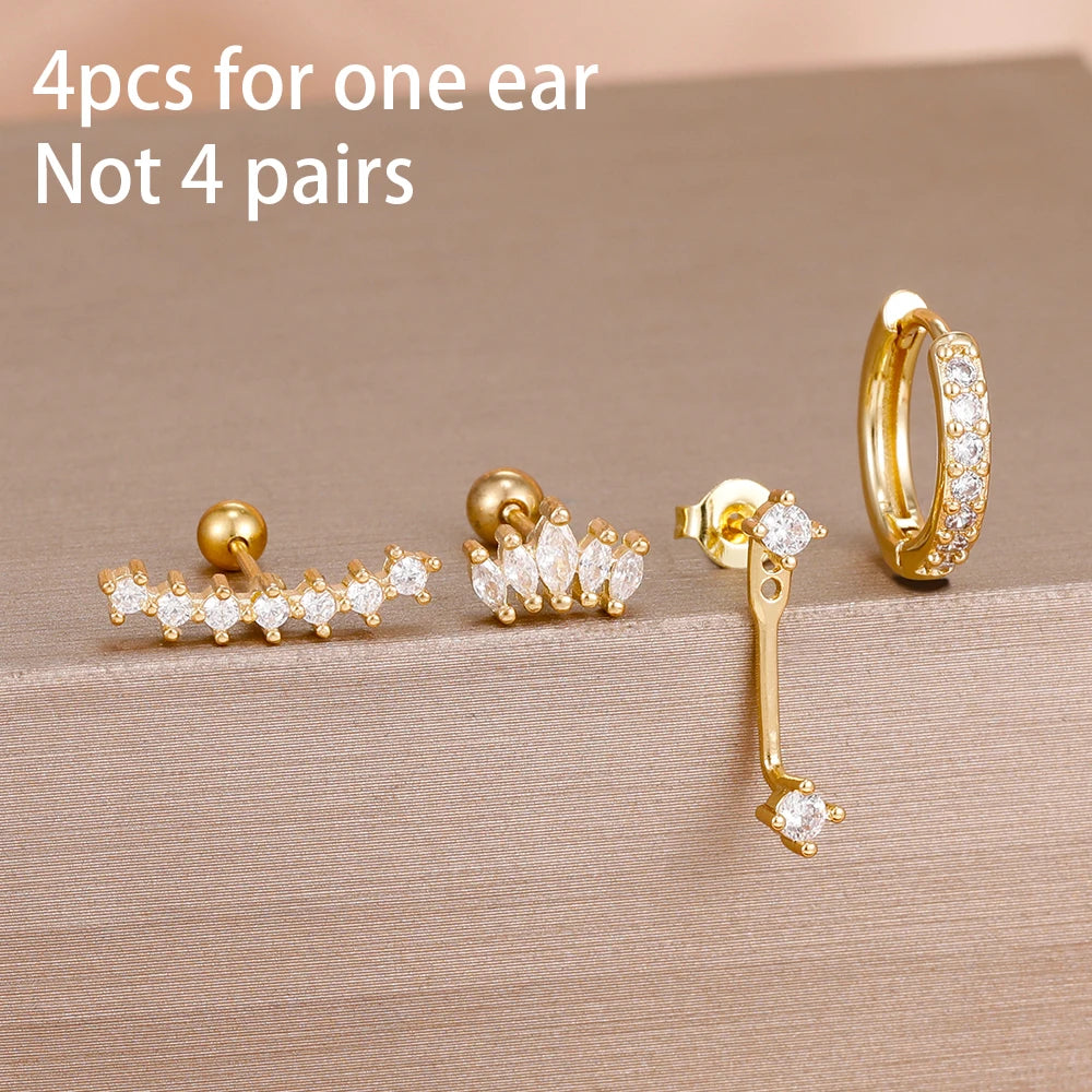4PCS Zircon Star Moon Flower Small Hoop Earrings Set For Women Stainless Steel Huggies Pendant Piercing Earrings Jewelry Aretes