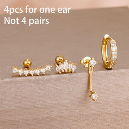 4PCS Zircon Star Moon Flower Small Hoop Earrings Set For Women Stainless Steel Huggies Pendant Piercing Earrings Jewelry Aretes