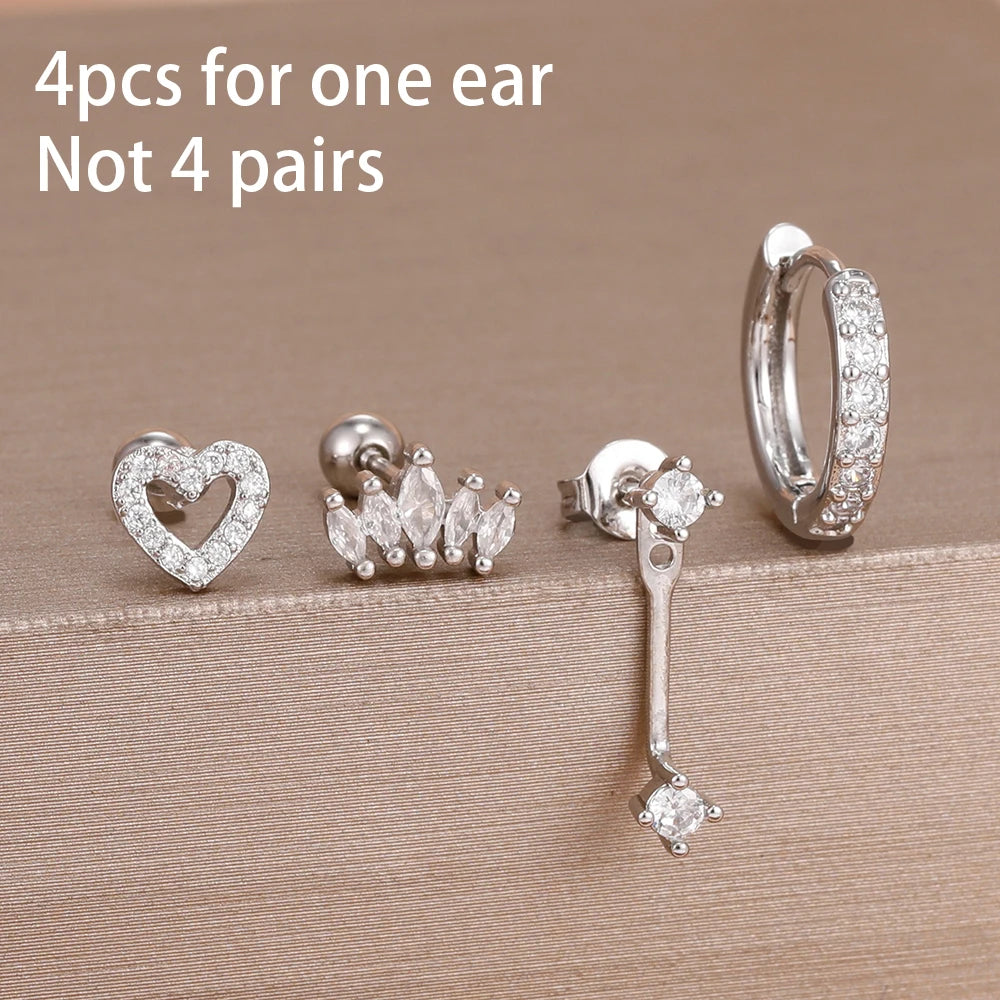 4PCS Zircon Star Moon Flower Small Hoop Earrings Set For Women Stainless Steel Huggies Pendant Piercing Earrings Jewelry Aretes