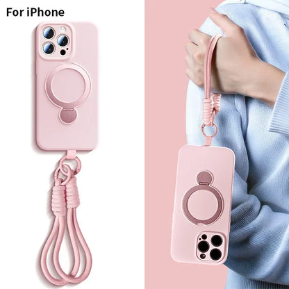 Liquid Silicone Bracket Magnetic Case For iPhone 17 16 15 14 13 Pro Max Air Magsafe With Hanging Rope Anti Fall Protective Cover
