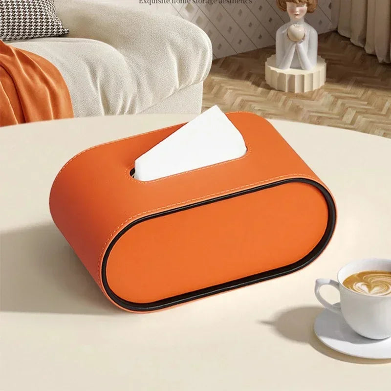 Light Luxury Paper Box High-end Living Room Creative Oval Leather Tissue Box Bedroom Desktop Napkin Storage Box Organization