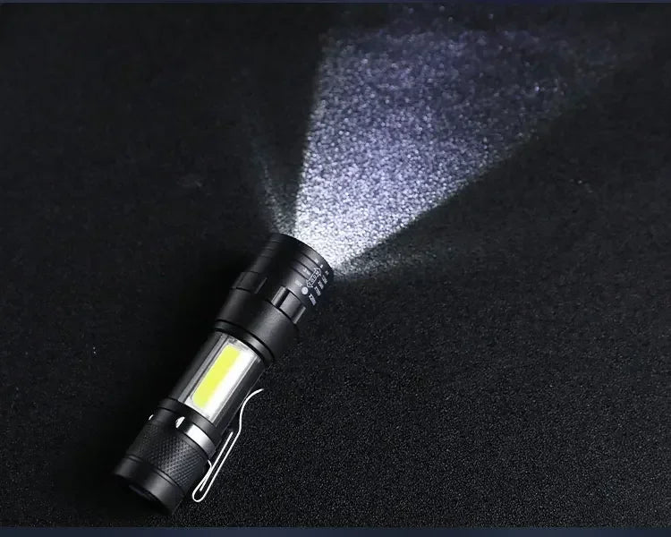 Portable Rechargeable LED Flashlight with Pen Clip Zoomable Waterproof Torch with Side Light Outdoor Camping Emergency Lantern