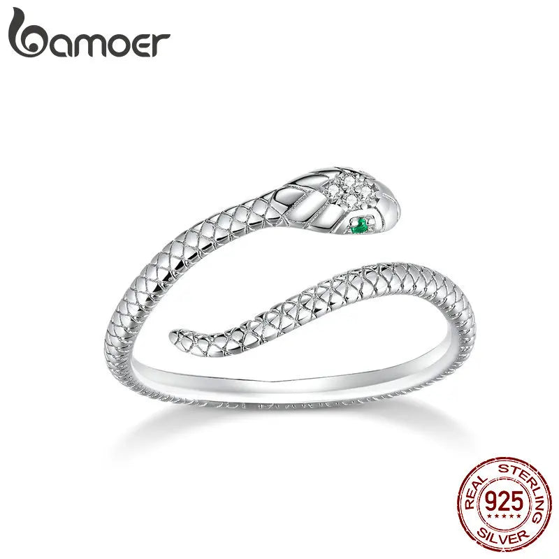 BAMOER 925 Sterling Silver Retro Textures Snake Adjustable Ring, 18K Gold Green Zircon Animal Ring Stackable Jewelry 4 Colors