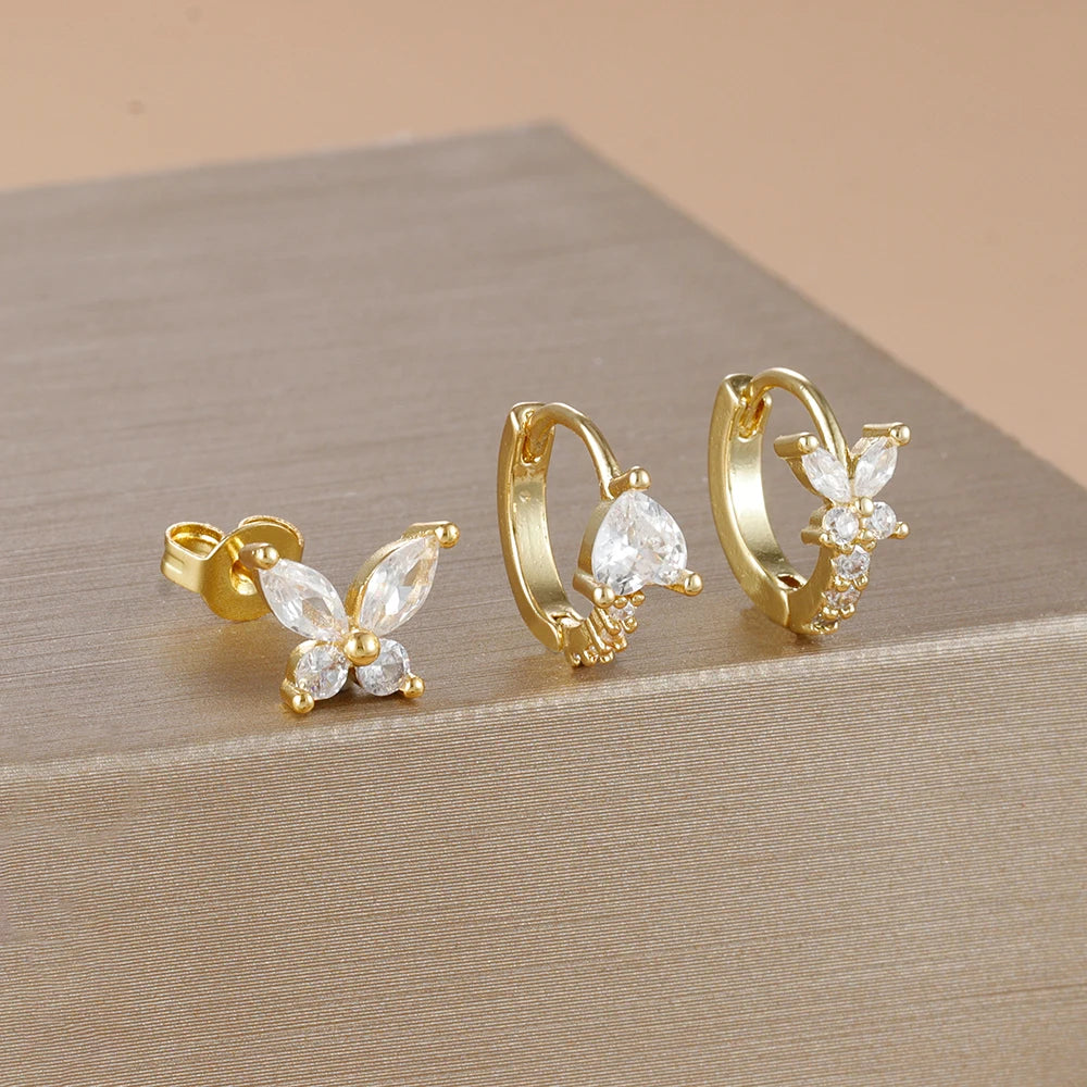 3PCS Gold Plated Zircon Butterfly Hoop Earring Set Women Shiny Crystal Stackable Cartilage Piercing Earring Hypoallergen Jewelry