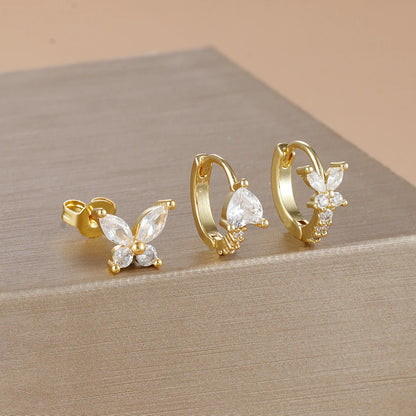 3PCS Gold Plated Zircon Butterfly Hoop Earring Set Women Shiny Crystal Stackable Cartilage Piercing Earring Hypoallergen Jewelry