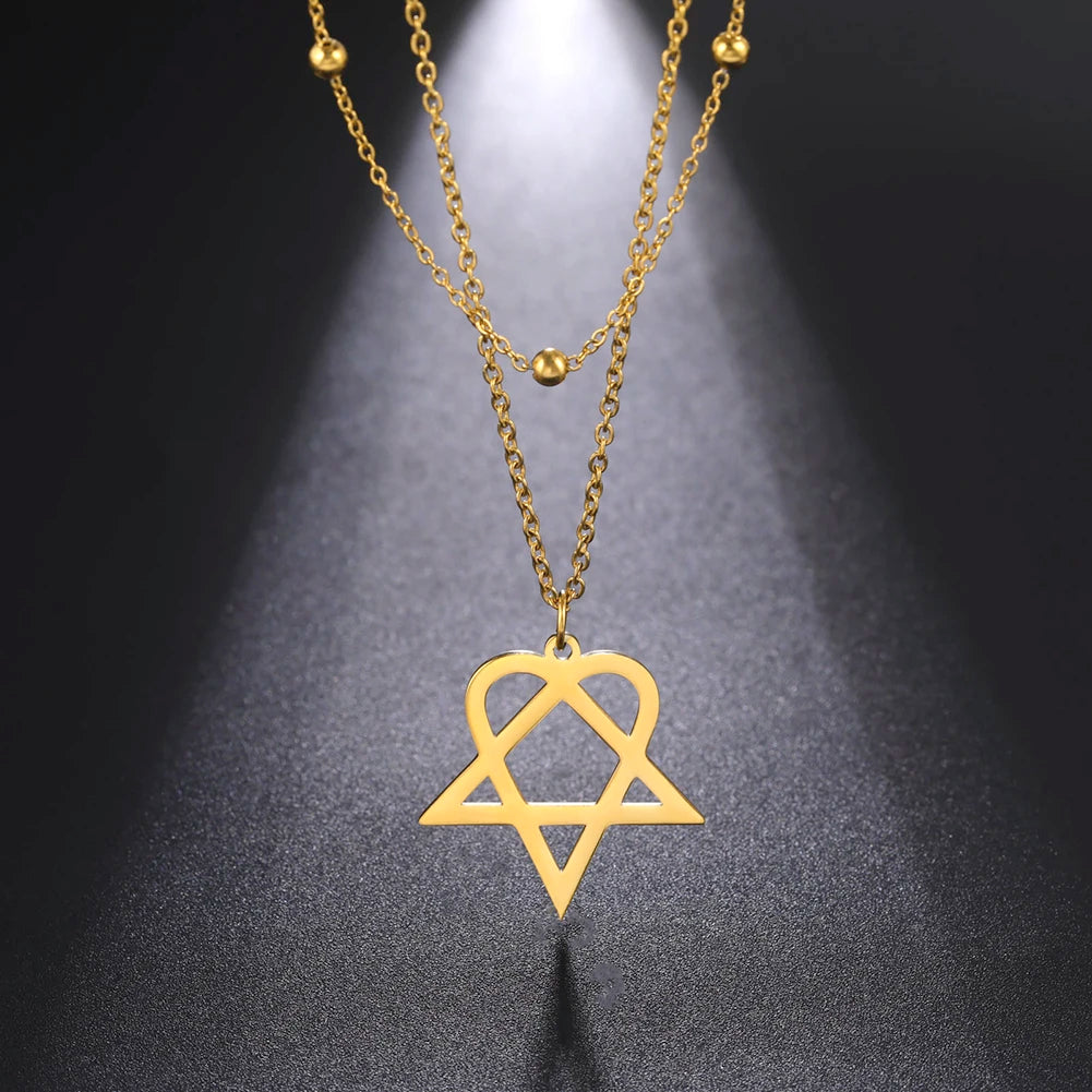 Lucktune Heartagram Star Pendant Necklace Stainless Steel Heart Pentagonal Chain Necklace Women Couple Jewelry Wedding Gift