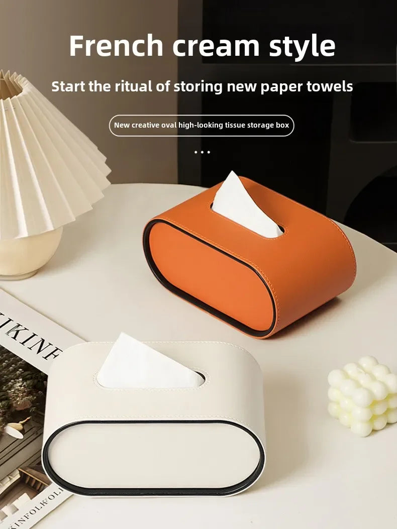 Light Luxury Paper Box High-end Living Room Creative Oval Leather Tissue Box Bedroom Desktop Napkin Storage Box Organization