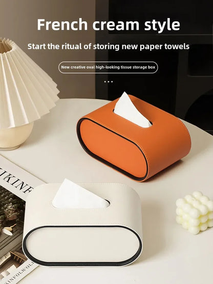 Light Luxury Paper Box High-end Living Room Creative Oval Leather Tissue Box Bedroom Desktop Napkin Storage Box Organization