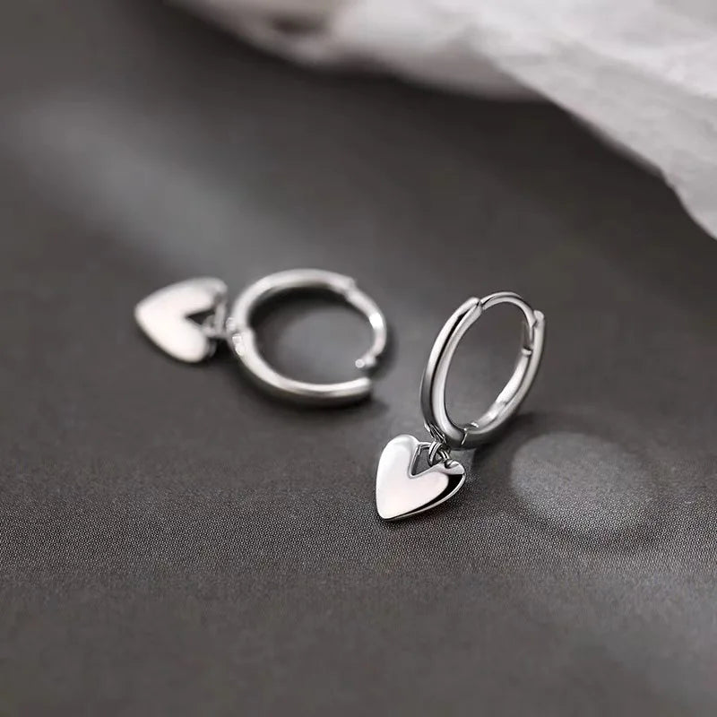 Real 925 Sterling Silver Heart Pendant Hoop Earrings For Women Classic Fine Jewelry Minimalist Accessories