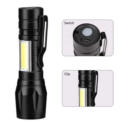 Portable Rechargeable LED Flashlight with Pen Clip Zoomable Waterproof Torch with Side Light Outdoor Camping Emergency Lantern