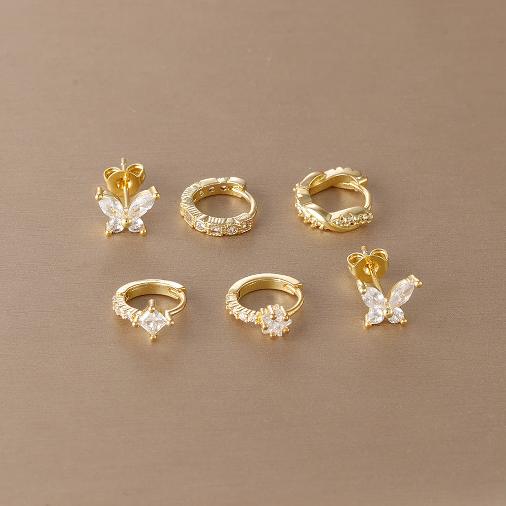 3PCS Gold Plated Zircon Butterfly Hoop Earring Set Women Shiny Crystal Stackable Cartilage Piercing Earring Hypoallergen Jewelry