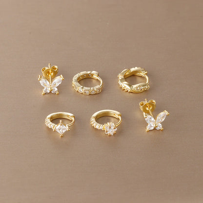 3PCS Gold Plated Zircon Butterfly Hoop Earring Set Women Shiny Crystal Stackable Cartilage Piercing Earring Hypoallergen Jewelry