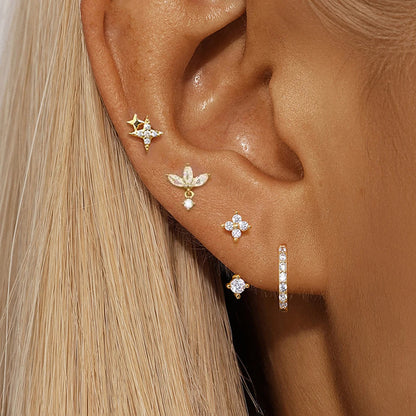 4PCS Zircon Star Moon Flower Small Hoop Earrings Set For Women Stainless Steel Huggies Pendant Piercing Earrings Jewelry Aretes