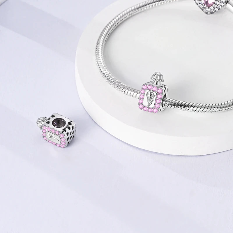 925 Sterling Silver Pink Charms Beads Butterfly Perfume Bottle Crown Heart Shaped Zircon Charms for Women Fine DIY Jewelry Gifts