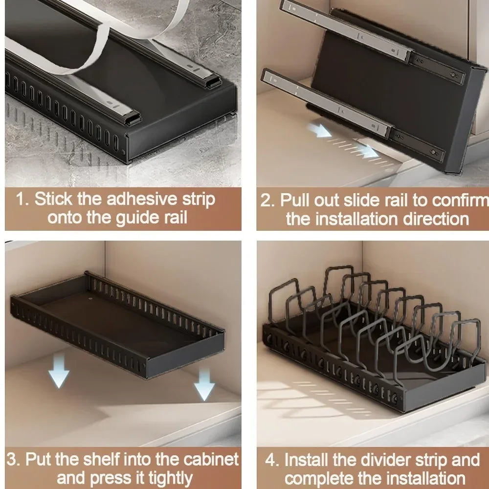 Kitchen Pull Out Pot Rack Adjustable Cupboard Trays with Slide Rails for Dishes Storage Organizer Drawer Partition Shelf