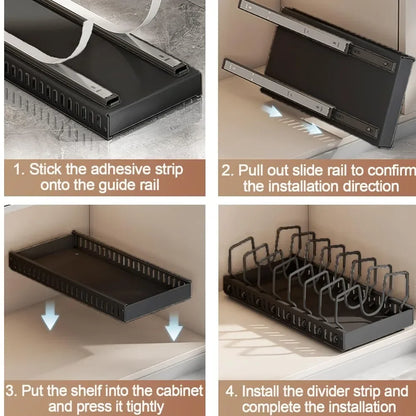 Kitchen Pull Out Pot Rack Adjustable Cupboard Trays with Slide Rails for Dishes Storage Organizer Drawer Partition Shelf