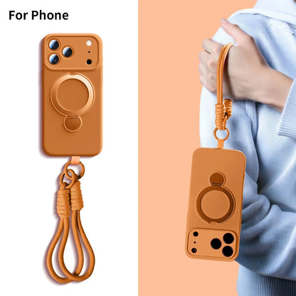 Liquid Silicone Bracket Magnetic Case For iPhone 17 16 15 14 13 Pro Max Air Magsafe With Hanging Rope Anti Fall Protective Cover