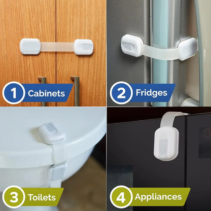 4 Pack Child Safety Strap Locks for Fridge, Cabinets, Drawers, Dishwasher, Toilet, 3M Adhesive No Drilling