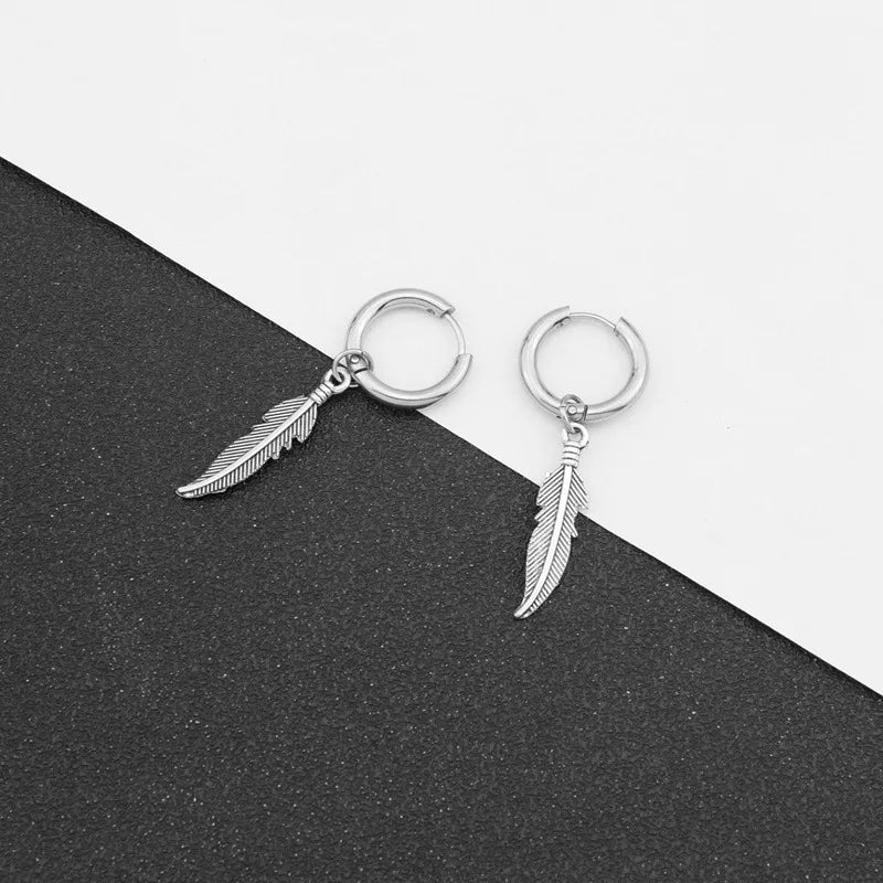 Vintage Feather Earring Korean Jewelry No Fade Stainless Steel Round Hoops Ear Piercing Earrings For Women Men Hip Hop Pendiente