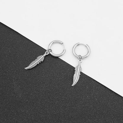 Vintage Feather Earring Korean Jewelry No Fade Stainless Steel Round Hoops Ear Piercing Earrings For Women Men Hip Hop Pendiente