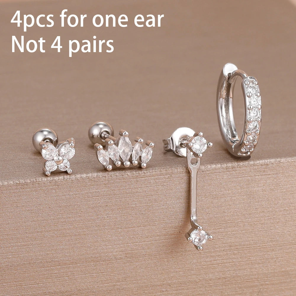 4PCS Zircon Star Moon Flower Small Hoop Earrings Set For Women Stainless Steel Huggies Pendant Piercing Earrings Jewelry Aretes