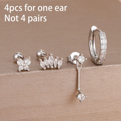 4PCS Zircon Star Moon Flower Small Hoop Earrings Set For Women Stainless Steel Huggies Pendant Piercing Earrings Jewelry Aretes